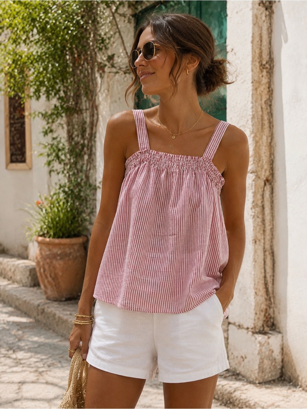Old Navy Pink Striped Smocked Square-Neck Camisole